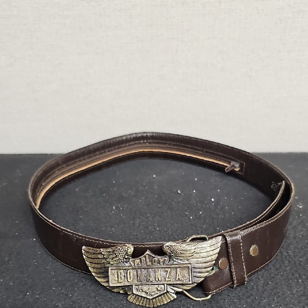 THE GREAT AMERICAN BUCKLE CO. VINTAGE CESSNA BONANZA LEATHER BELT BFPM-12-107